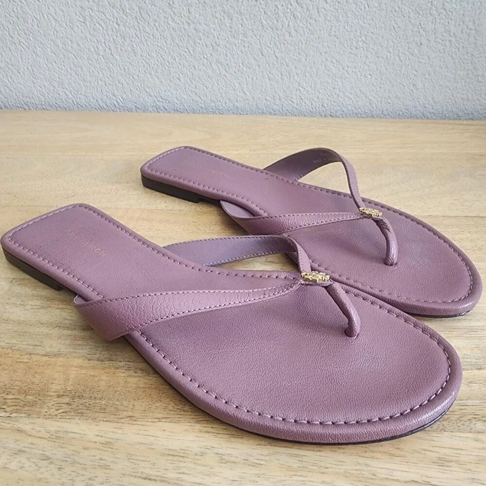 Tory Burch Sandals Shoes Womens Size 6.5M Purple Leather Thong Flip Flop Logo